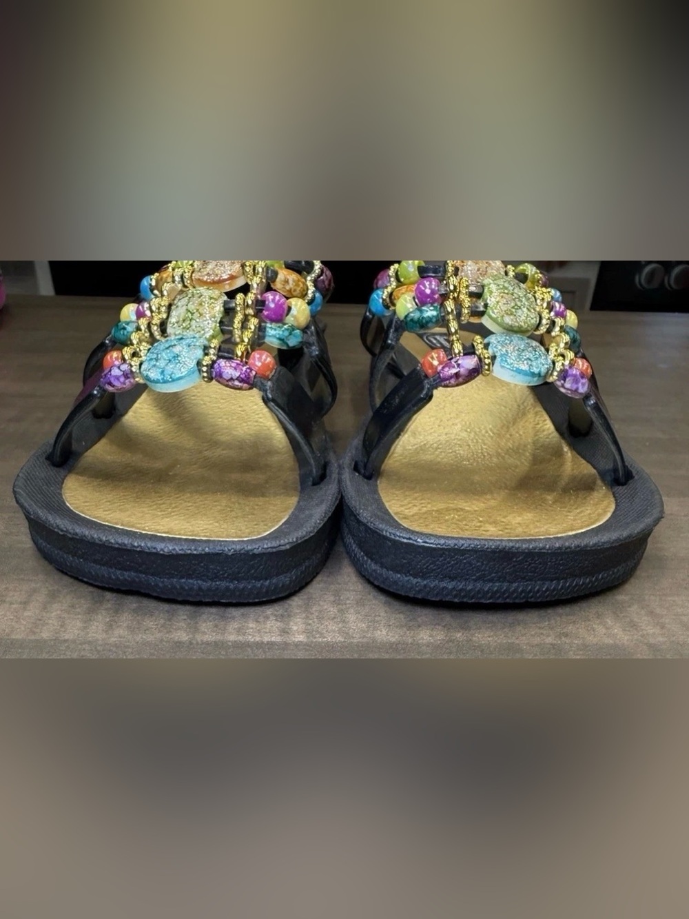 GRANDCO SANDALS Beach Pool SLIDE Sz 10 BLING Color Beads BLACK SLIDE Flip Flops - Picture 6 of 10